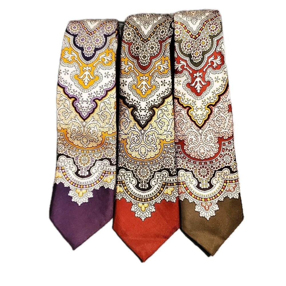 Vintage 1960s Skinny Necktie Lot 3 France Acetate Medallion Paisley 2.5 in Mod